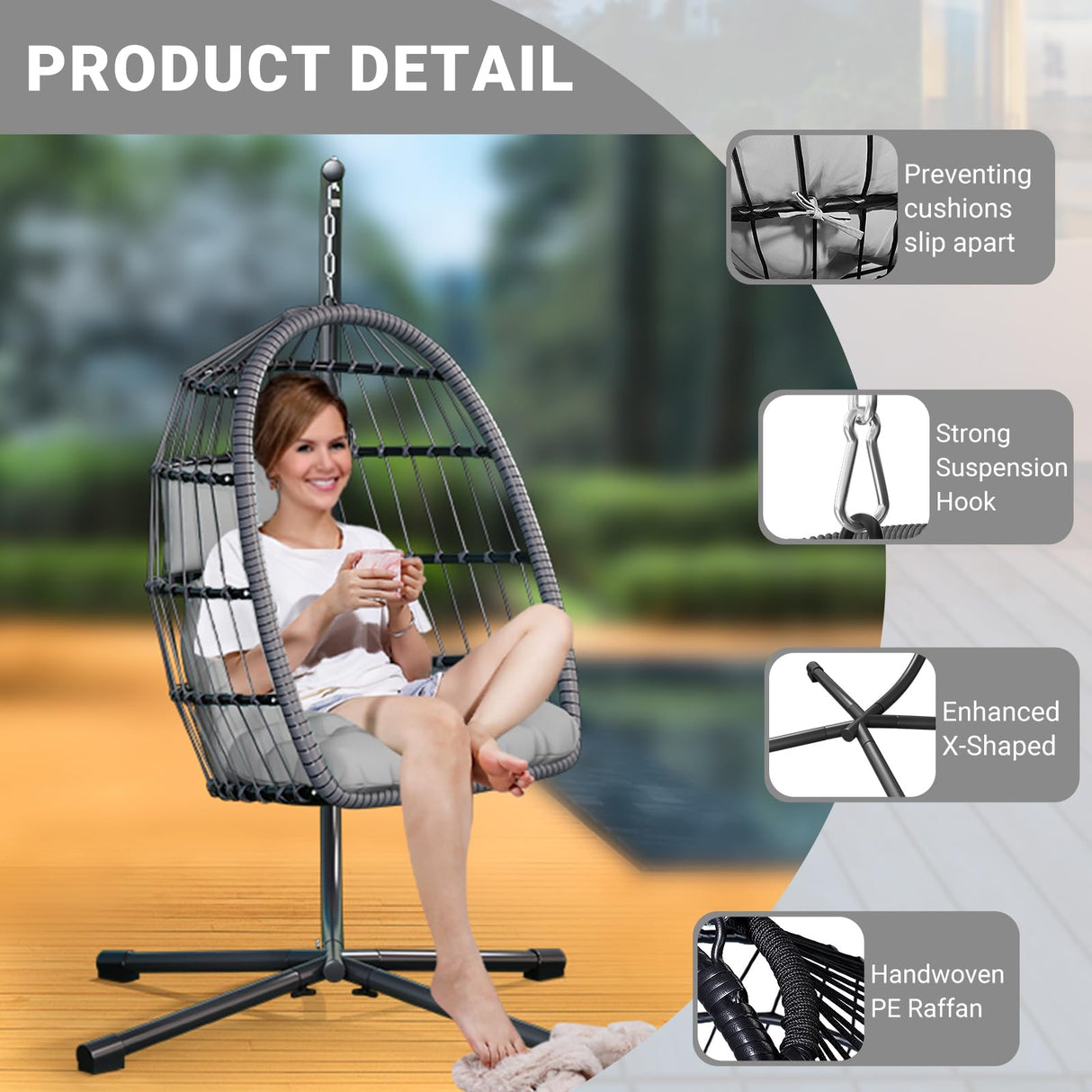 CHABATREE Egg Chair with Stand,Patio Rattan Wicker Hanging Swing Egg Chair Hammock Chair for Bedroom Porch Garden,Thickened Aluminum Alloy Steel Frame and UV Resistant Cushion,350LBS Capacity CHABATREE