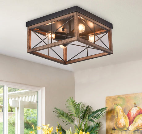 Aiwen 4-Light Rustic Wood Flush Mount Ceiling Light Metal Square Cage Farmhouse Lighting Close to Ceiling Light Fixture Black for Dining Room Bedroom Living Room Kitchen Hallway Entryway Foyer Aiwen