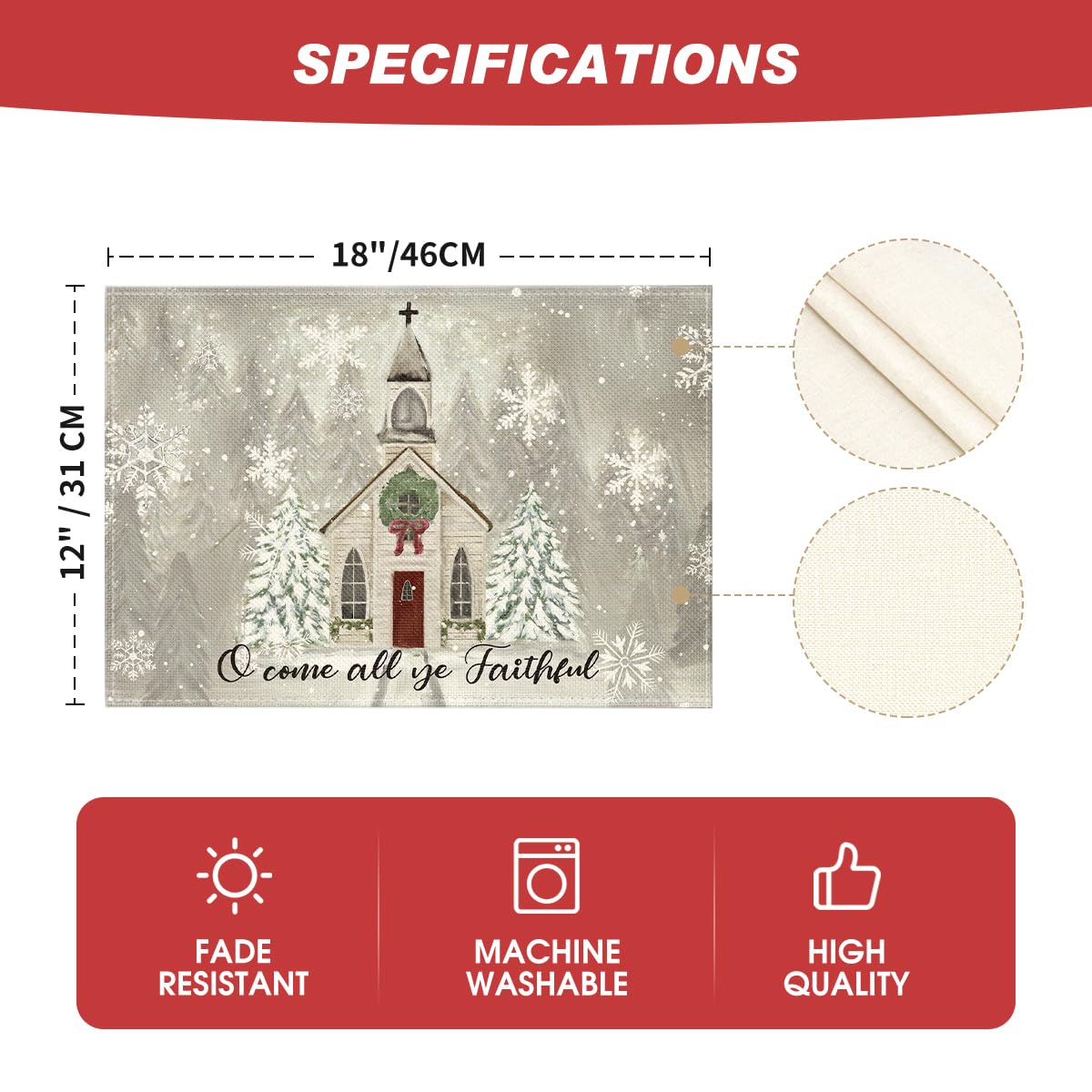 Artoid Mode Church Xmas Trees Snowflakes Merry Christmas Placemats Set of 4, 12x18 Inch Winter Table Mats for Party Kitchen Dining Decoration Artoid Mode