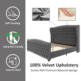 AMERLIFE King Size Platform Bed Frame, Velvet Upholstered Bed with Deep Button Tufted & Nailhead Trim Wingback Headboard/No Box Spring Needed/Grey AMERLIFE