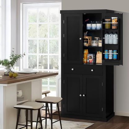 usikey 72” Kitchen Pantry Cabinet, Tall Storage Cabinet with 4 Doors and 1 Drawer, Freestanding Cupboard with 6 Hanging Shelves and Adjustable