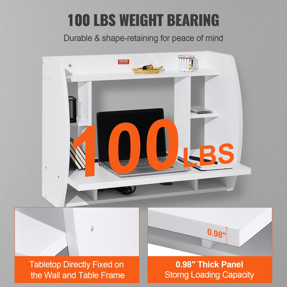 VEVOR Floating Wall Mount Computer Desk Socket and 70.9 in (1.8 m) Power Cord for Home Office, Space Saving with Storage Shelves and Cubby, White VEVOR