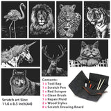 Scratch Art Paper(A4) for Kids & Adults, Rainbow Painting Night View Scratchboard, Art Craft, Crafts Set: 8 Sheets Scratch - Unicorn/Flamingo/Cat/Deer/Tiger/Leopard/Lion/Wolf & 6 Tools (Animal World) M MUGIT