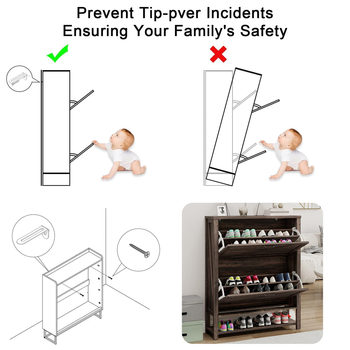 Vabches Shoe Cabinet with 2 Flip Drawers, Farmhouse Shoe Storage Cabinet for Entryway, Wood Narrow Shoe Rack Cabinet with Open Shelf, Slim Hidden Shoe Cabinet, Rustic Dark Oak Vabches