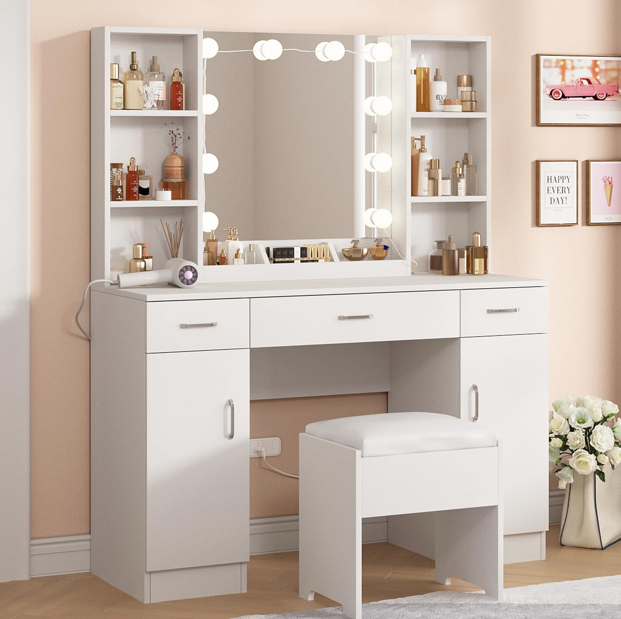 Vabches Makeup Vanity Desk with Lights, 3 Lighting Colors, White Vanity Set Makeup Table, Large Vanity with 3 Drawers, 2 Cabinets and Multiple Shelves, 45.2in Vabches