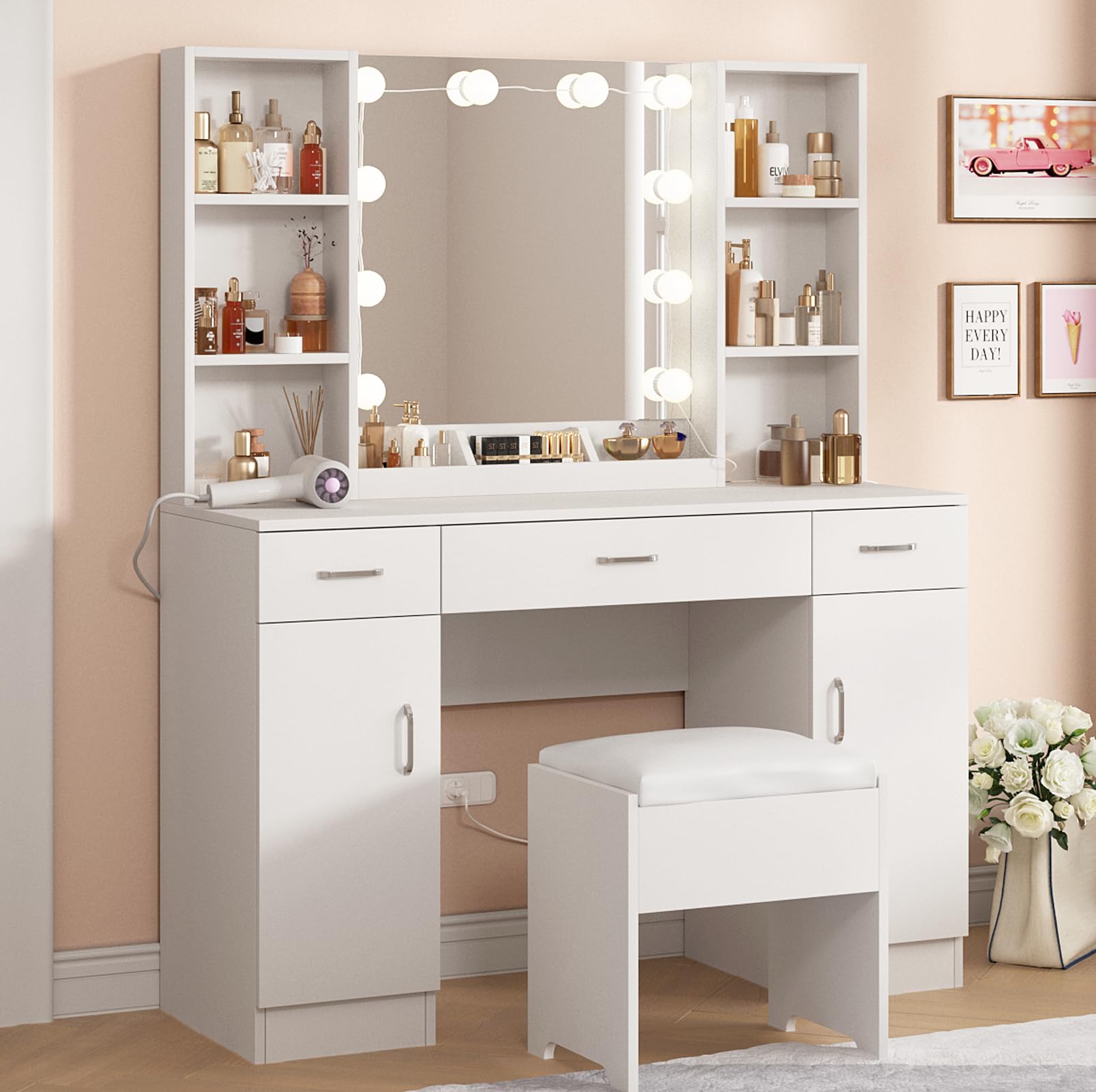 Vabches Makeup Vanity Desk with Lights, 3 Lighting Colors, White Vanity Set Makeup Table, Large Vanity with 3 Drawers, 2 Cabinets and Multiple Shelves, 45.2in - WoodArtSupply