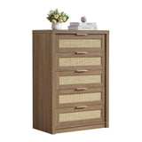 OAKHAM HOME 5 Drawer Rattan Dresser Storage Cane Cabinet, Modern Closet Dressers Chest of Drawers, Wooden Chest of Drawers Dresser for Bedroom, Entryway,Living Room, Special Walnut OAKHAM HOME