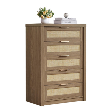 OAKHAM HOME 5 Drawer Rattan Dresser Storage Cane Cabinet, Modern Closet Dressers Chest of Drawers, Wooden Chest of Drawers Dresser for Bedroom, Entryway,Living Room, Special Walnut OAKHAM HOME
