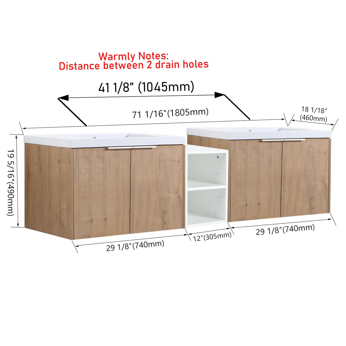 JENTORIA 72" Bathroom Vanity with Sink, 72 Inch Floating Vanity, Double Sink Wall Mounted Vanity Combo, Modern Brown Bathroom Vanity Set with 4 Doors and White Basin Sink JENTORIA