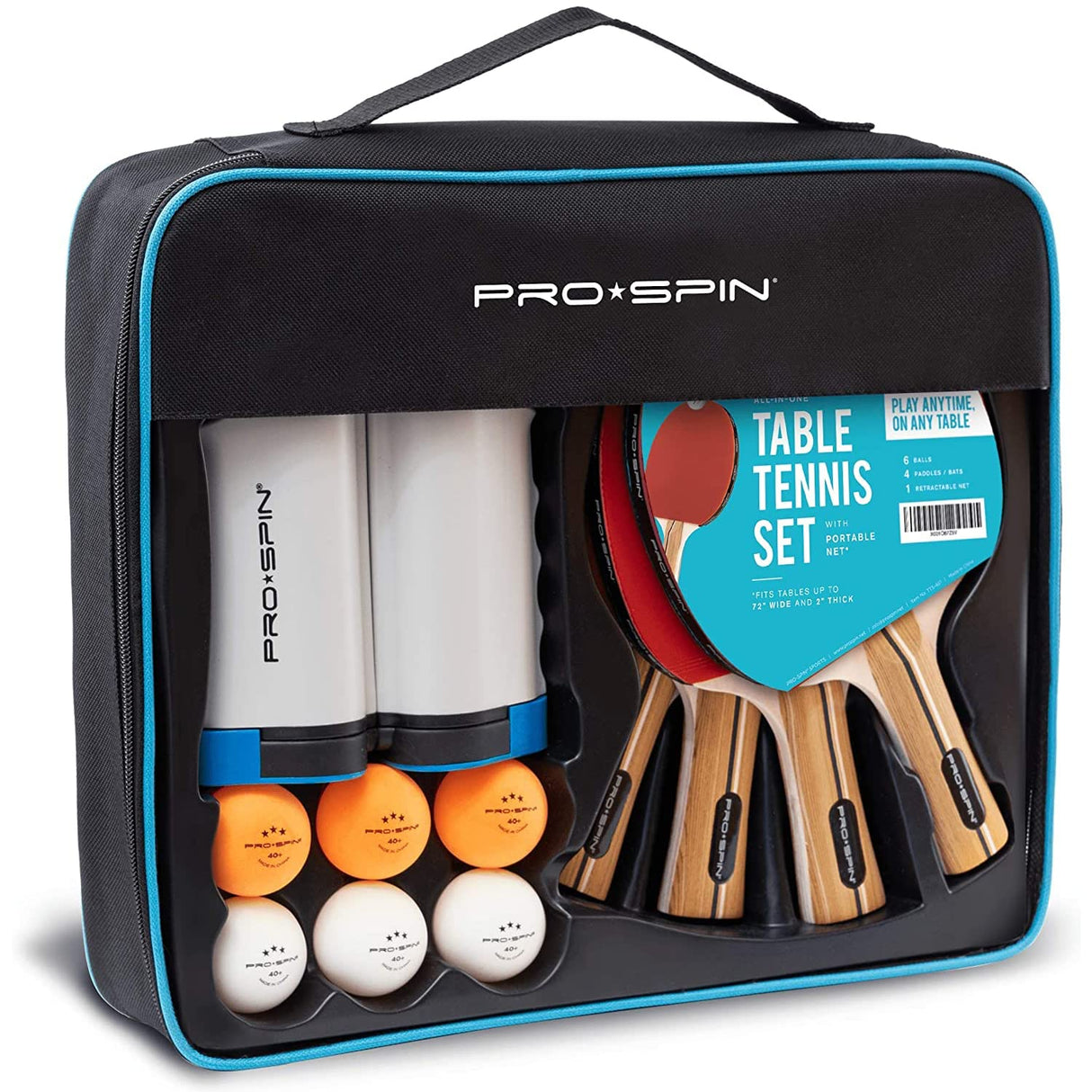 PRO SPIN All-in-One Ping Pong Set - Retractable Ping Pong Net for Any Table (72"), Ping Pong Paddles and Balls, Storage Case - Portable Table Tennis Gifts for Boys & Girls (4-Player Set) PRO SPIN
