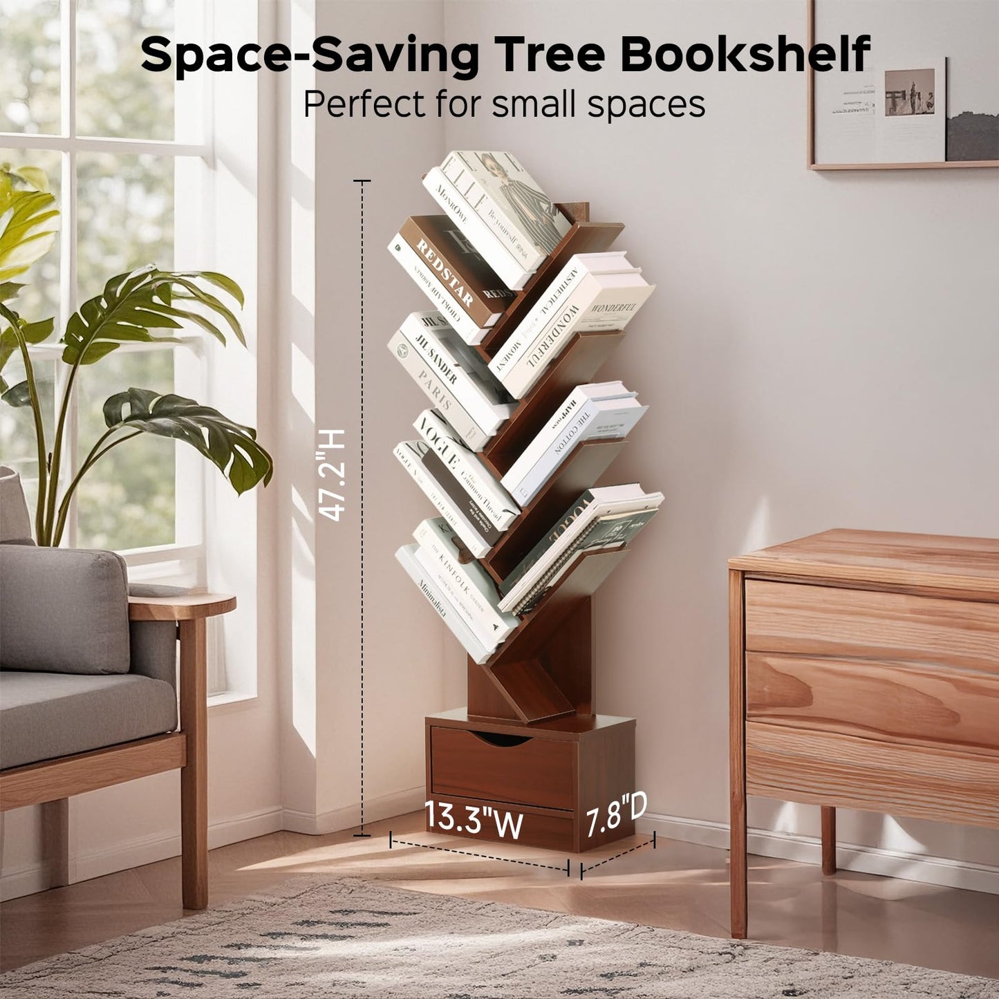 8-Tier Tree Bookshelf with Drawer, Tall Wood Bookcase for Small Spaces, Compact Floor Standing Shelf for Books, CDs & Decor, Tip-Resistant Design, Space-Saving Shelf for Living Room, Bedroom, Office