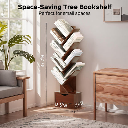 8-Tier Tree Bookshelf with Drawer, Tall Wood Bookcase for Small Spaces, Compact Floor Standing Shelf for Books, CDs & Decor, Tip-Resistant Design, Space-Saving Shelf for Living Room, Bedroom, Office