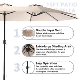 STLVUEO 15ft Double-Sided Large Patio Umbrella, Outdoor Rectangular Market Umbrella with Crank Handle for Poolside, Garden, Lawn, and Deck （Khaki） STLVUEO