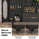 HSH 72" Rolling Kitchen Island with Seating, 360° Swivel Table, Kitchen Island with Storage Cabinet, Drawer & Shelves, Farmhouse Mobile Island Cart on Wheels for Dining Room & Home Bar, Black Oak HSH