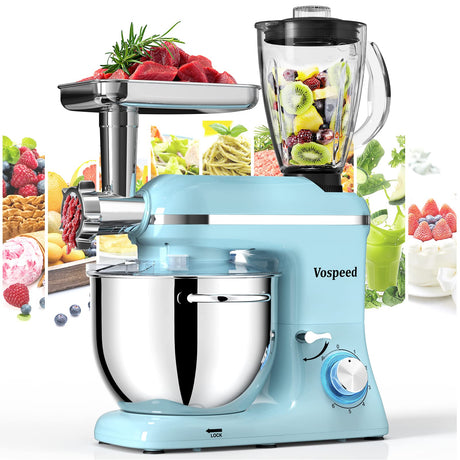 Vospeed 9 IN 1 Stand Mixer, 850W Tilt-Head Multifunctional Electric Mixer with 7.5 QT Stainless Steel Bowl, 1.5L Glass Jar, Meat Grinder, Hook, Whisk, Beater Dishwasher Safe (Blue) Vospeed