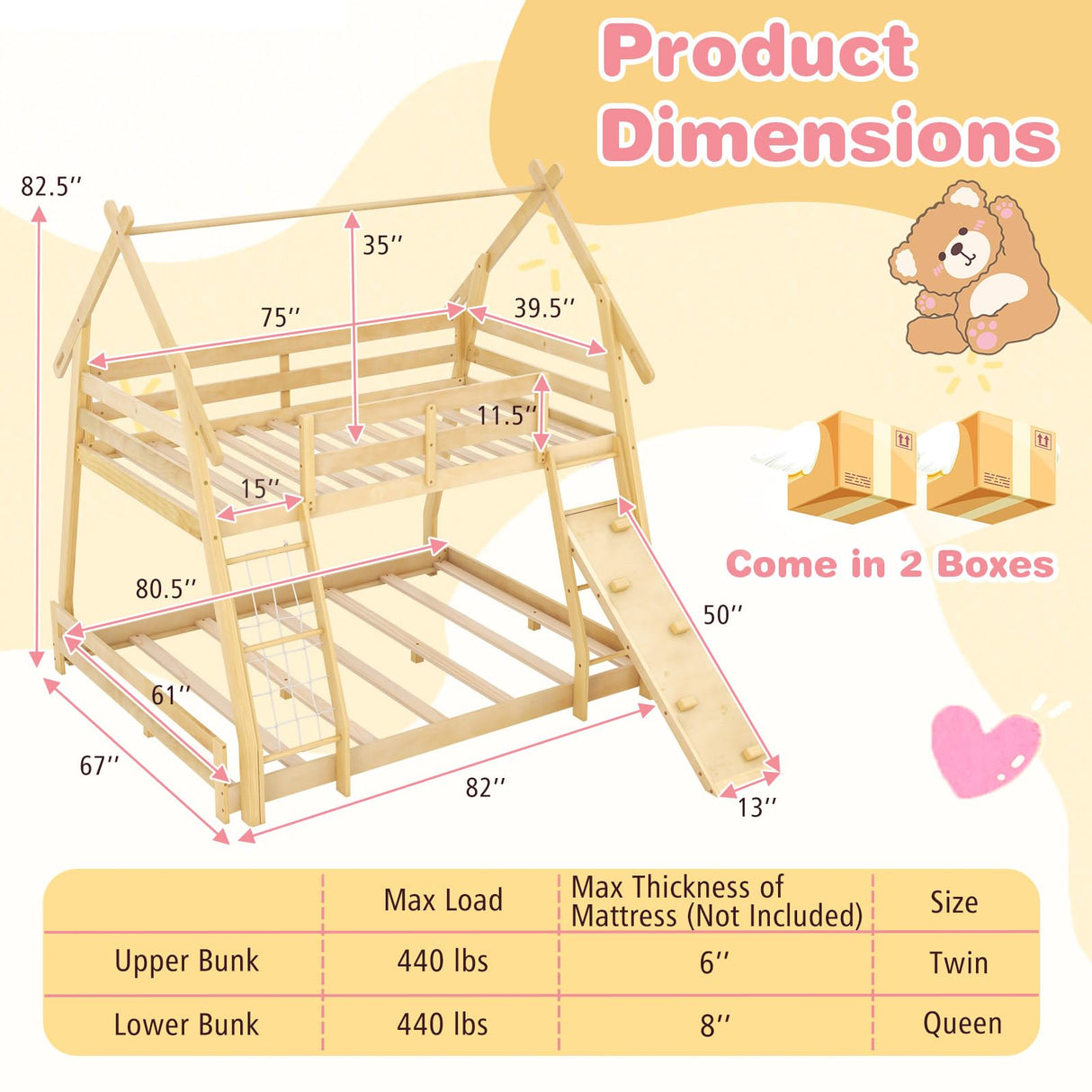 Giantex Twin Over Queen Bunk Bed, Wood House Bunk Bed for Kids with Climbing Nets and Ramp, Floor Queen Size Bunk Beds with Safety Guardrail, No Box Spring Needed, for Boys Girls Adults (Natural) Giantex