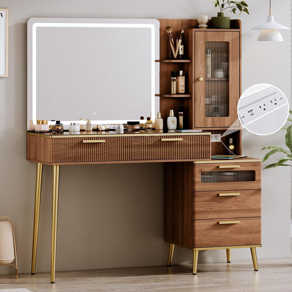Chrangmay 47.24" Big Modern Vanity Desk with Mirror and Lights,Makeup Vanity Desk with 5 Drawers and Storage Shelves & Power Outlet,Dressing Table with Glass Top, Brown Chrangmay