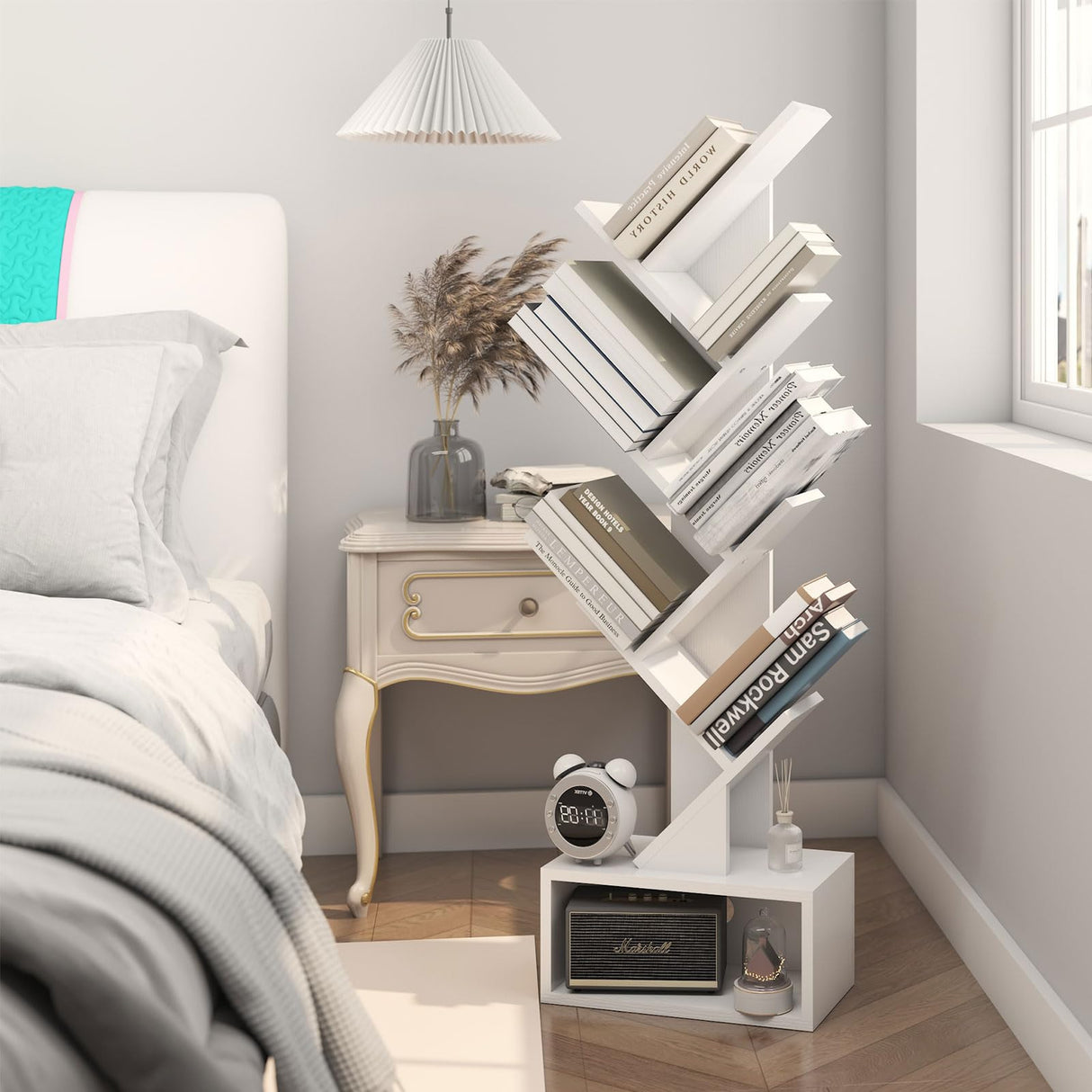 YMYNY 6 Tier Tree Bookshelf, Tall Bookcase, Wood Book Storage Rack with Drawer, Modern Floor Standing Book Shelf for Books/Movies/CDs, Utility Organizer for Living Room, Home Office, White UHBC016W YMYNY