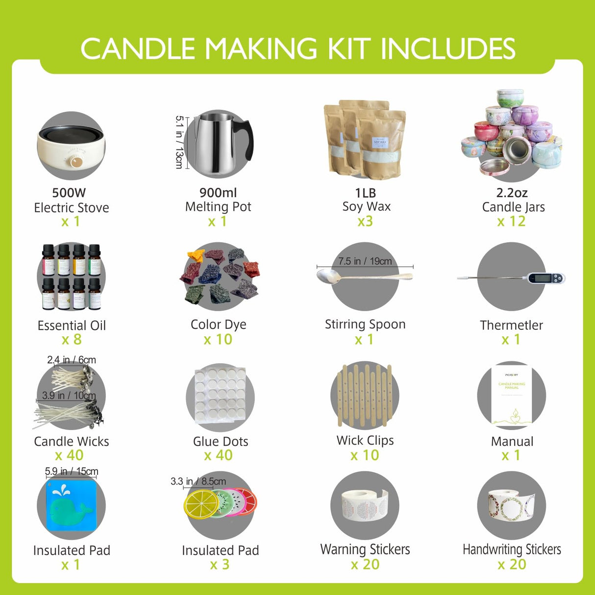 PICASORT Candle Making kit with Hot Plate - Complete Candle Making Kit/Supplies, Soy Wax,Hot Plate,Wax Melting Pot & More - DIY Crafts for Adult/Women/Beginner/Kids PICASORT