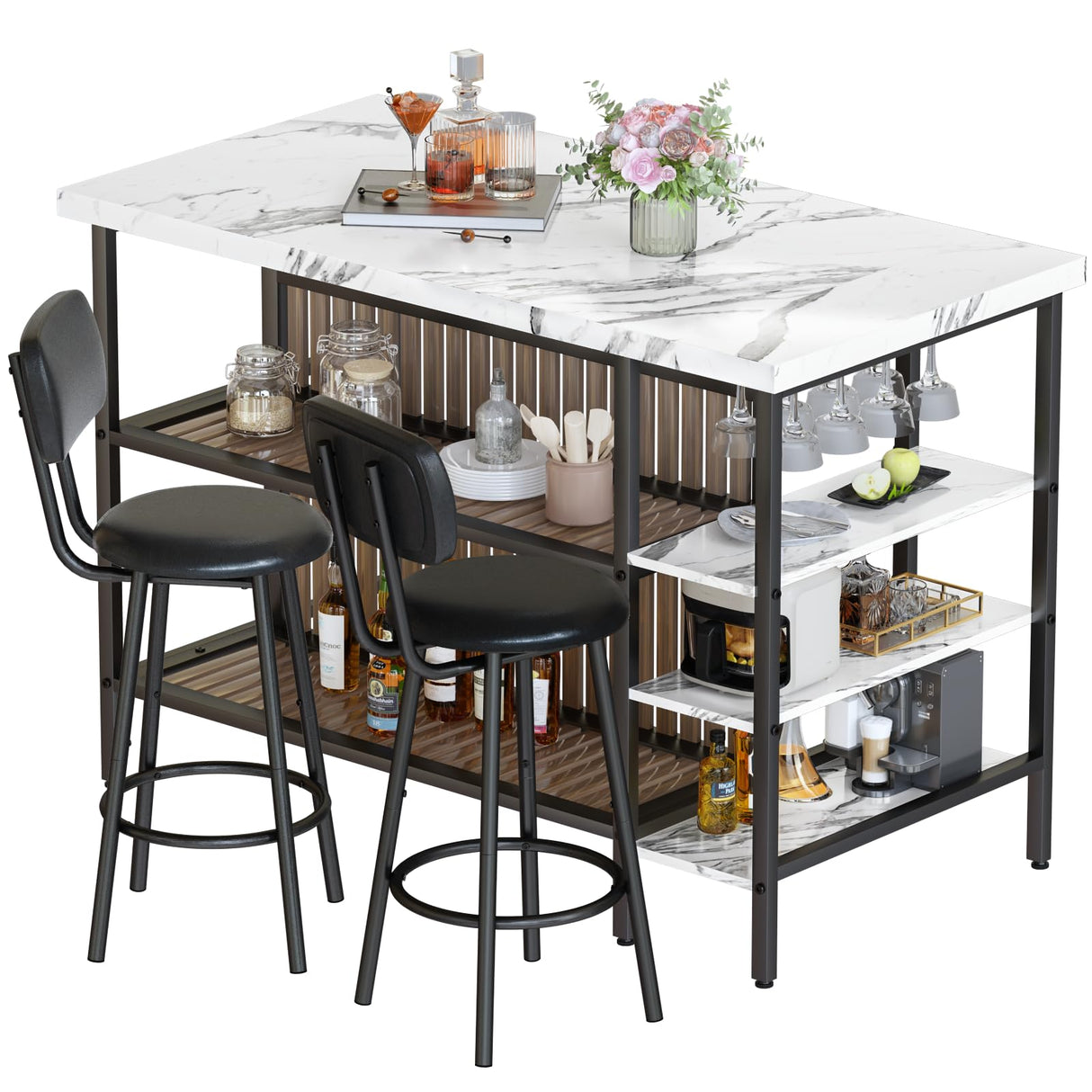 Recaceik Kitchen Island with Storage Small Dining Table for 2, Bistro Table and Chairs Set of 2 W/ 5 Shelves with PU Stools (White) Recaceik