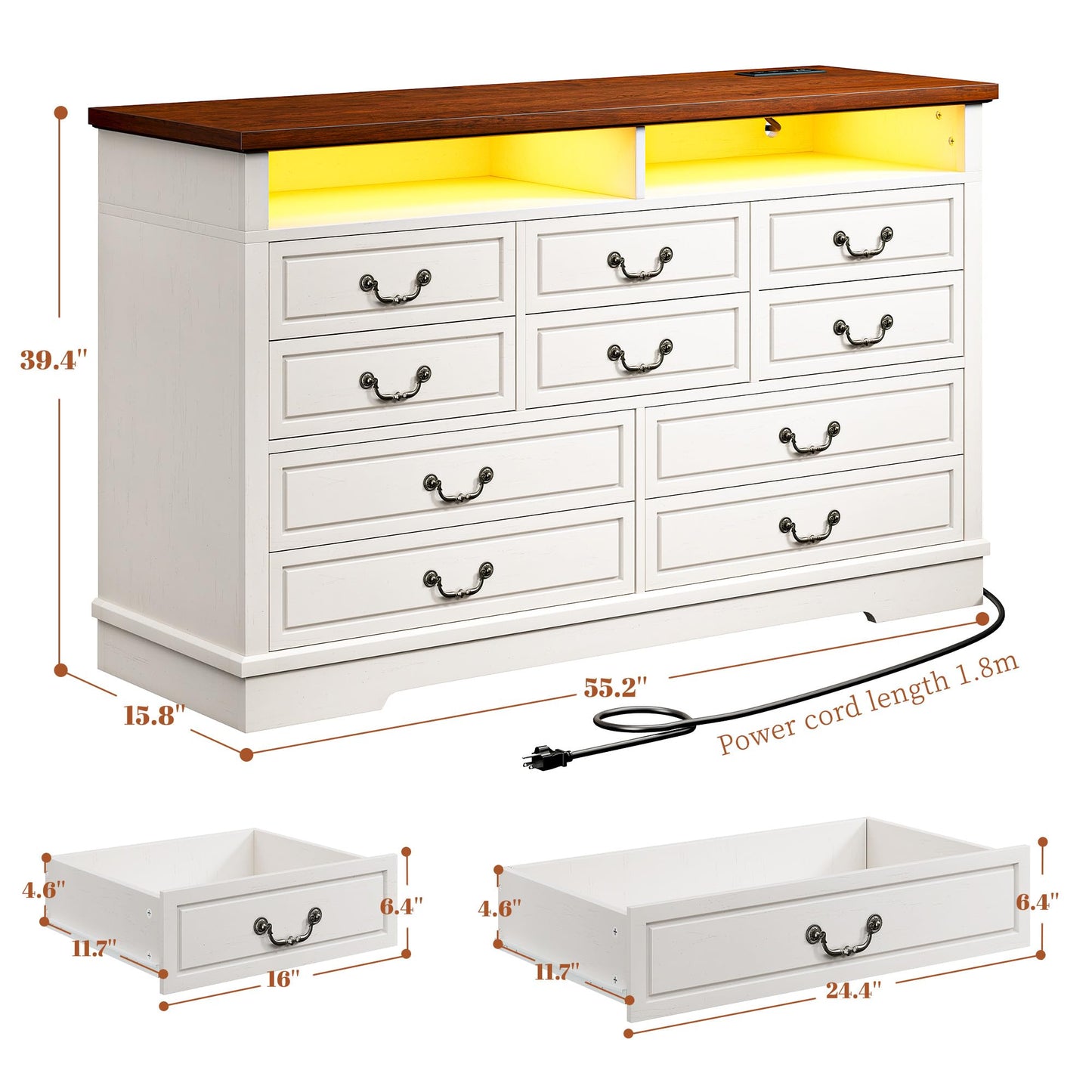 EnHomee Farmhouse Dresser with LED & Power Outlet 55.2''W Wood Dresser for Bedroom White 10 Drawers Dresser Vintage Dressers & Chests of Drawers Dresser TV Stand, Hallway, Antique White - WoodArtSupply