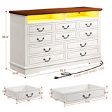 EnHomee Farmhouse Dresser with LED & Power Outlet 55.2''W Wood Dresser for Bedroom White 10 Drawers Dresser Vintage Dressers & Chests of Drawers Dresser TV Stand, Hallway, Antique White EnHomee