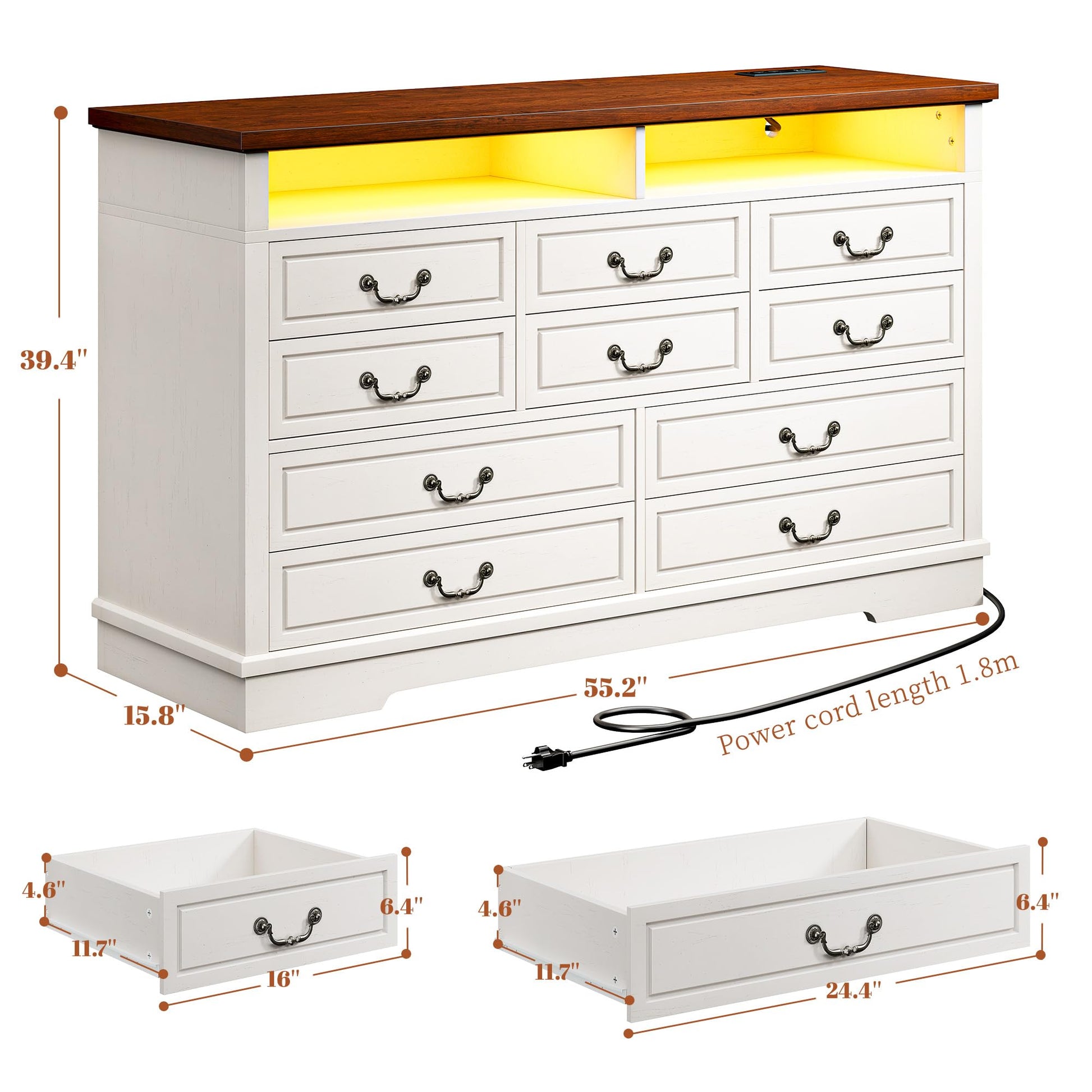 EnHomee Farmhouse Dresser with LED & Power Outlet 55.2''W Wood Dresser for Bedroom White 10 Drawers Dresser Vintage Dressers & Chests of Drawers Dresser TV Stand, Hallway, Antique White - WoodArtSupply