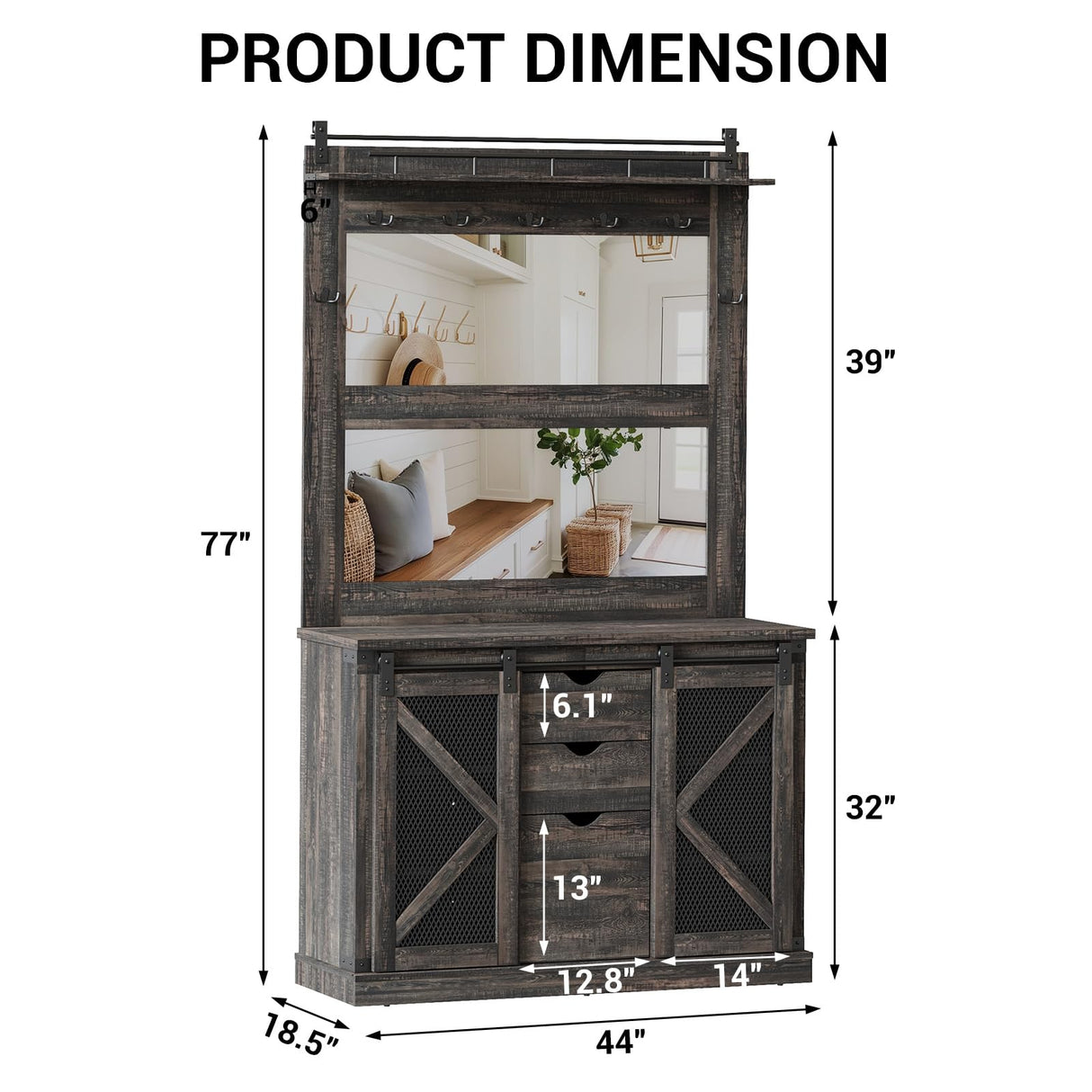 FinerFurnis 77 Inch Farmhouse Hall Tree Bench with 2 Mirrors, Shoe Storage, Coat Rack, Sliding Barn Doors, Wooden Entryway Organizer Furniture for Apartments, Mudroom, Deep Oak FinerFurnis
