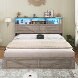 AOGLLATI Farmhouse Full Size Bed Frame with 4 Storage Drawers and Charging Station, Wooden Full Bed Frame with Hidden Space Bookcase Headboard and Led Lights & Metal Slats, Gray AOGLLATI