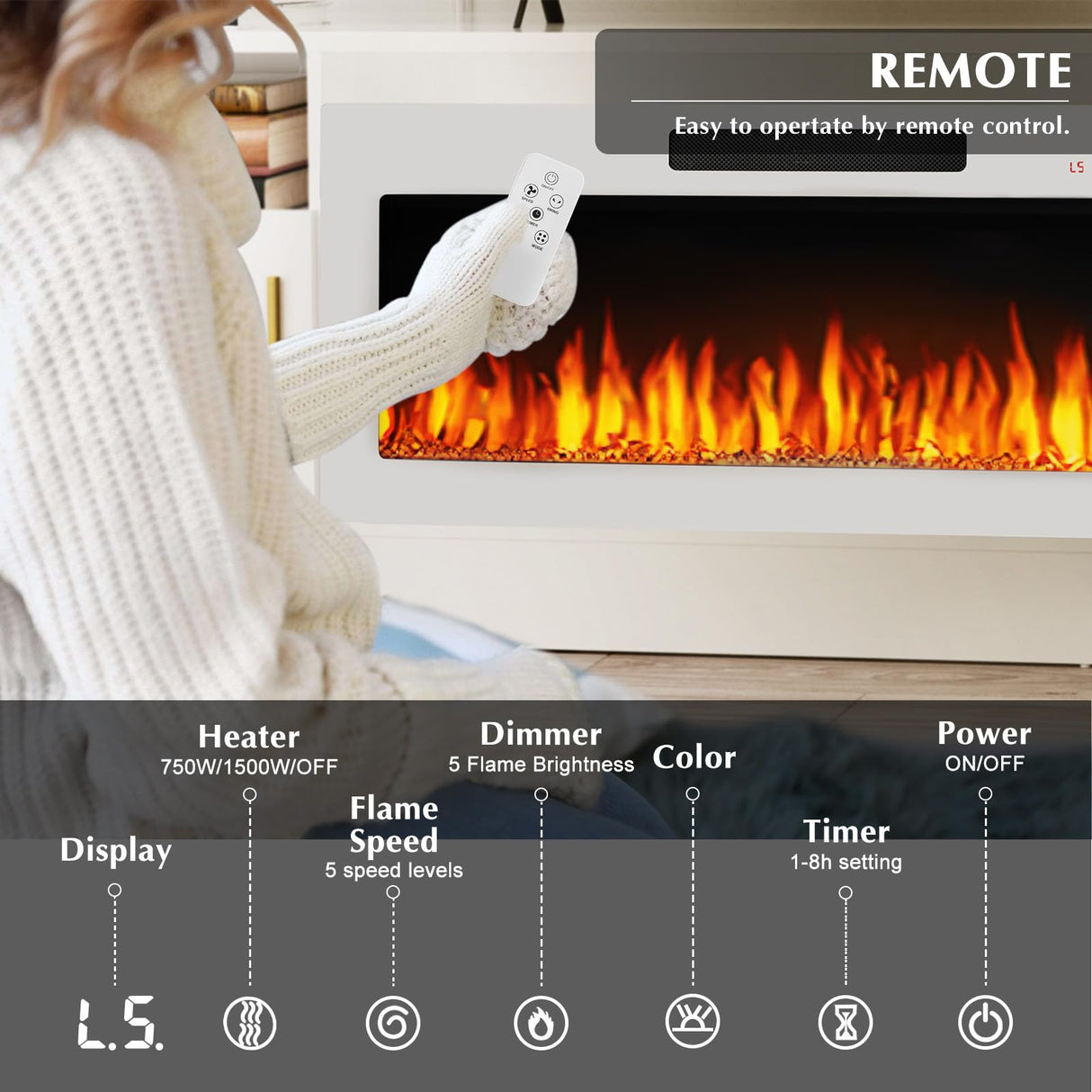 LEMBERI Fireplace tv Stand with 36 inch White Fireplace Up to 80" TVs,LED Light Entertainment Center and Storage, 70" Modern Wood Media TV Console with Highlight Cabinet for Living Room LEMBERI