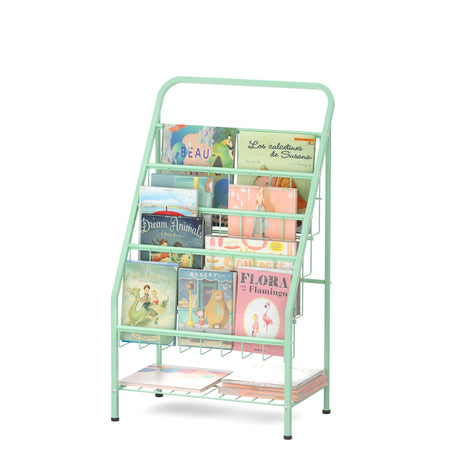 JAQ Kid Bookshelf, 4-Tier Metal Sling Kids Display Bookshelves Bookcase with Toy Storage in Baby Corner Library Room Classroom Playroom for Toddlers Nursery Children (4-tier/28.35inch, Green) JAQ