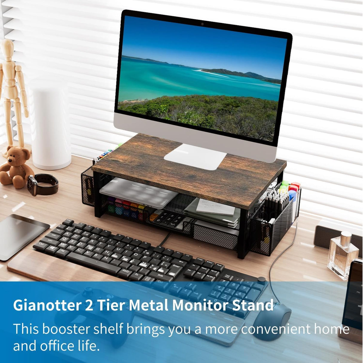 gianotter Monitor Stand Riser, Desk Organizer with Drawer and Pen Holder, 2-Tier Computer Stand, Office Desk Accessories, Office Organization(Wood) gianotter