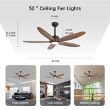 Wozzio 5 Wood Blades Ceiling Fan with Light and Remote,Quiet Reversible DC Motor,6 Wind Speed,LED Dimmable and Memory,for Bedroom/Patios/Living Room,52 inch,Dark Walnut Wood Blades Wozzio