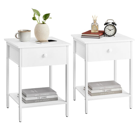 VASAGLE Nightstands Set of 2, End Tables, Side Tables with Drawer and Shelf, 15.7 x 15.7 x 21.7 Inches, Bedroom, Steel Frame, Easy Assembly, Modern, Matte White ULET506W14 VASAGLE