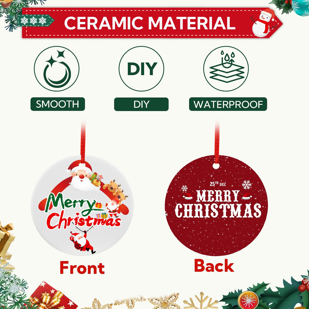 60 PCS Sublimation Ceramic Ornament Blank 3 Inch Round Two-Sided Printed White Ceramic Decoration Christmas Sublimation Ornament Blanks with Gold String for DIY Crafts Christmas Tree Decoration VZZNN