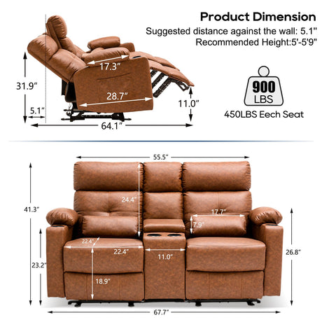 RIHEREFY 68'' RV Loveseat Recliner Sofa| RV Power Reclining Loveseat with Console & Cup Holder | RV Double Recliner Sofa | RV Theater Seating Loveseat(PU, Brown) RIHEREFY