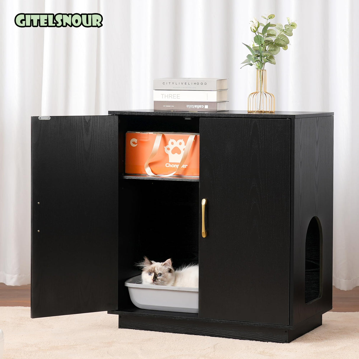 Gitelsnour Litter Box Enclosure, 30.9'' High Large Litter Box Furniture, Modern Cat Litter Box Enclosure with Hidden Storage, Side Table, End Table, Black GCLB003BK Gitelsnour