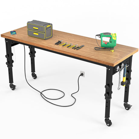 YITAHOME 72in Work Bench with Wheel, Adjustable Height Workbench for Garage, Heavy Duty Work Bench with Pegboard & Power Outlets, 1600 LBS Load Capacity, Rolling Workbench for Workshop, Office YITAHOME