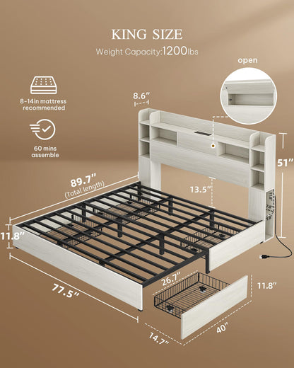 YITAHOME King Bed Frame with Bookcase Headboard and 4 Storage Drawers, RGB LED Bed Frame with Type-C & USB Charging Station Storage Headboard Bed Frame, No Box Spring Needed, Noise Free, Antique White