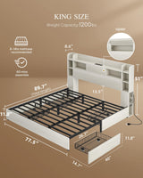 YITAHOME King Bed Frame with Bookcase Headboard and 4 Storage Drawers, RGB LED Light Bed with Type-C & USB Charging Station Storage Headboard Bed Frame, No Box Spring Needed, Noise Free, Antique White YITAHOME