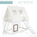 Spirich Kids Bunk Bed with Slide and Ladder, House Bed for Kids with Bed Tent, Playhouse Style Wooden Twin Loft Bed Frames with Roof, Windows, White Spirich