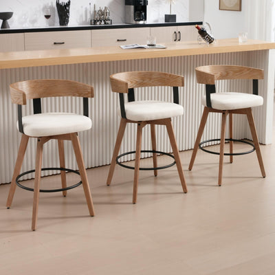 DUOMAY Swivel Bar Stools Set of 3-26" Counter Height Bar Stool with Footrest - Modern Wood Barstools with Linen Upholstered Seat - 360-Degree Swivel Stool for Kitchen Island Home Bar - White