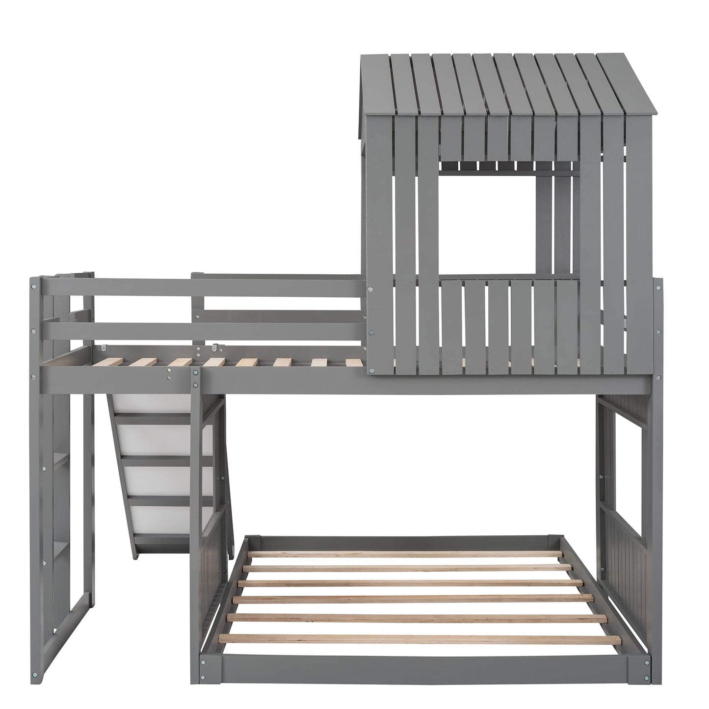 Harper & Bright Designs Grey Twin Over Full House Bunk Bed with Slide, Ladder, and Guardrails - WoodArtSupply