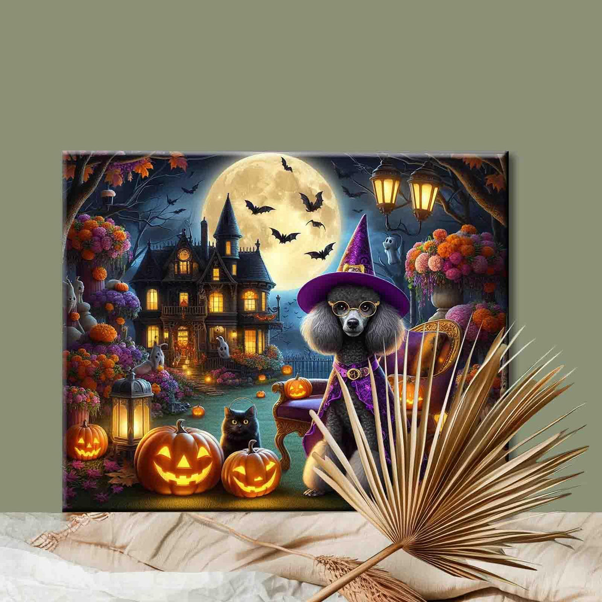 Halloween Witch Poodle Paint by Numbers Kit for Adults DIY Acrylic Painting Project Halloween Night Cute Animal Pumpkin Canvas Art Set Relaxing Craft Activity Gift Home Decor 16x20 Inch (Frameless) Tucocoo