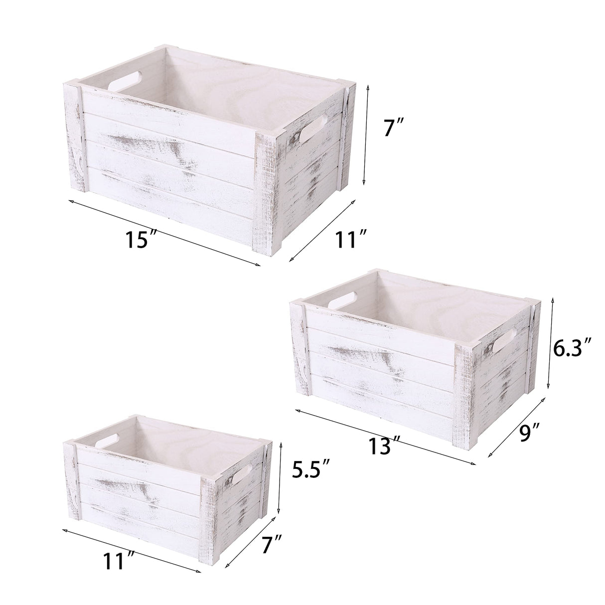 SENRYEE Farmhouse Antique White Wooden Crate For Storage,Rustic Decorative Boxes,Set Of 3 Extra Large Nesting Wooden Storage Crates For Home Decor,Handmade Natural Solid Wood Box (Rustic White) SENRYEE