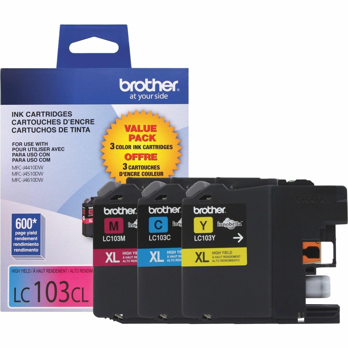 Brother LC1033PKS, LC-103, Innobella High-Yield Ink, 600 Page-Yield, 3/Pack, Cyan-Magenta-Yellow