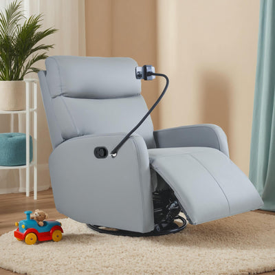 CHSICFOR Manual Swivel Recliner Chair,Nursery Reclining Sofa Chair with Lumbar Support, Adult Soft Padded Faux Leather Glider Recliner with 360° Free Rotation,Removable Phone Holder,Blue Gray