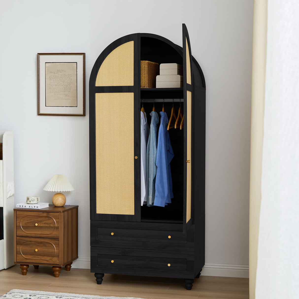 YUCHIATH Arched Armoire Wardrobe Closet with 2 Rattan Doors, Wooden Wardrobe Closet with 2 Drawers, 74.8 "H Bedroom Armoires with Hanging Rod (Black) YUCHIATH