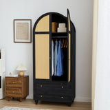 YUCHIATH Arched Armoire Wardrobe Closet with 2 Rattan Doors, Wooden Wardrobe Closet with 2 Drawers, 74.8 "H Bedroom Armoires with Hanging Rod (Black) YUCHIATH