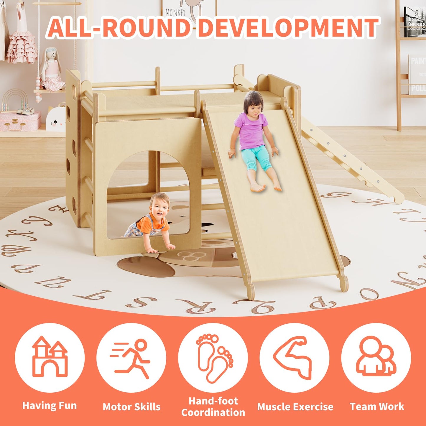 DEYGIA 7-in-1 Indoor Jungle Gym, Wooden Indoor Playground for Kids 1-3, Toddler Playground with Climbing Arch, Ladder, Rock and Slide, Montessori Climbing Set Play Gym - Wood